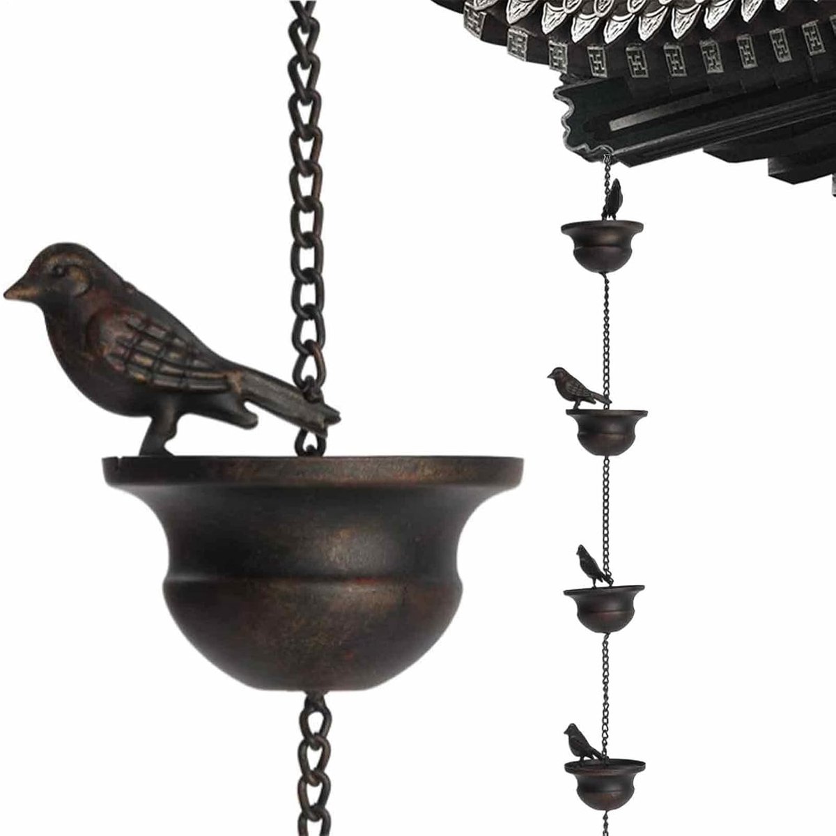 Regenketting Metaal - Waterafvoer Ketting - Decoratief Water - Met Vogelhangers - 2.4 Meter - Donker Brons