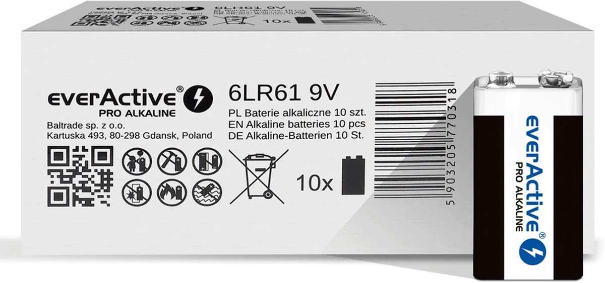 10x everActive PRO 6LR61 6LF22 E-Block 9V 550mAh alkaline batterijen