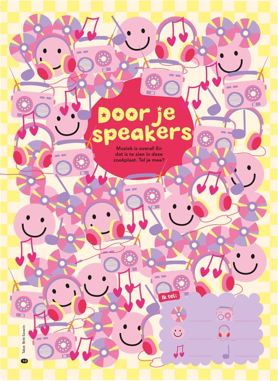 Zoekplaatje met roze en paarse radio's, koptelefoons, muzieknoten en lachende gezichten.