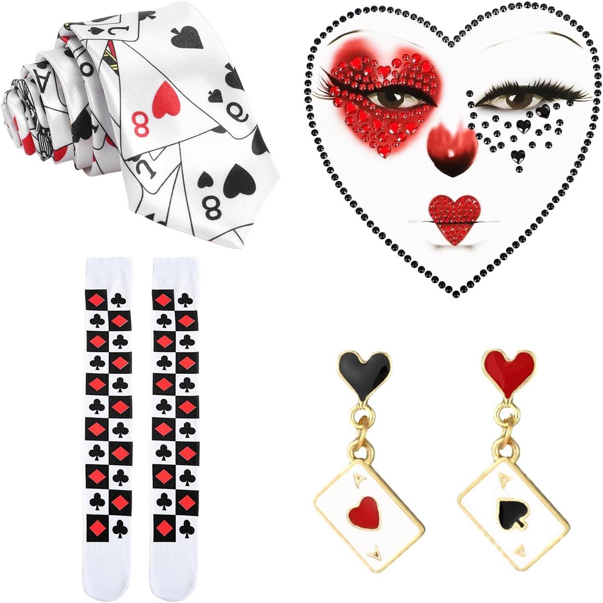 Hartkoninginnenkostuum voor dames, 4-delig met speelkaartenstropdas, sokken en oorbellen, perfect voor carnaval en kostuumfeesten