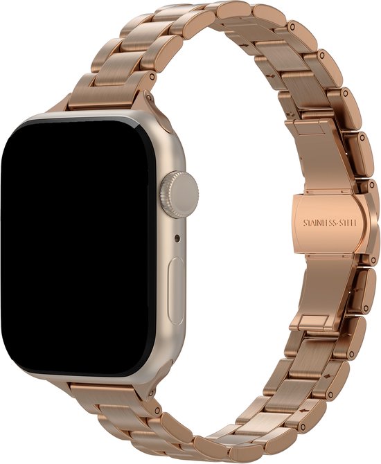 Rosé gouden roestvrij stalen horlogebandje met schakels om een Apple Watch.
