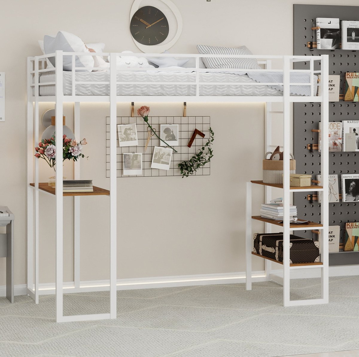 MEUNIQ hoogslaper 90x190 cm met bureau en opbergruimte, metalen bedframe met trap en uitvalbeveiliging voor kinderkamer, wit