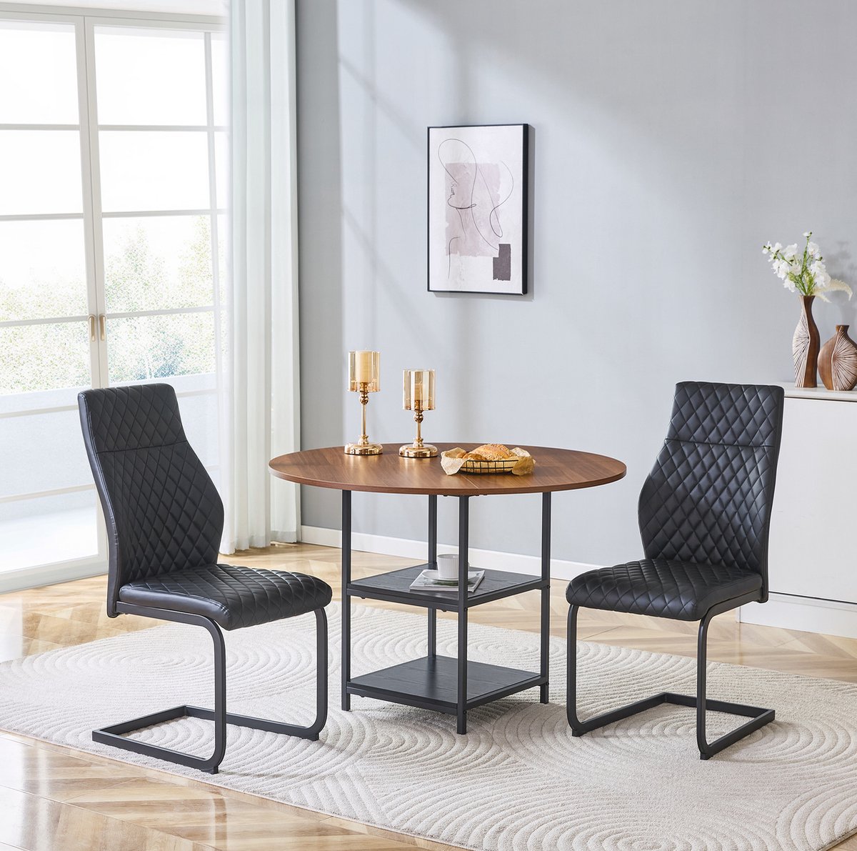 HAUSS SPOLE Set Tafel En Stoelen - Ronde Eettafel Met Dubbele Opbergniveaus - Voor Eethoek En Keuken - MDF Metaal En PU Leer - Zwart Walnoot