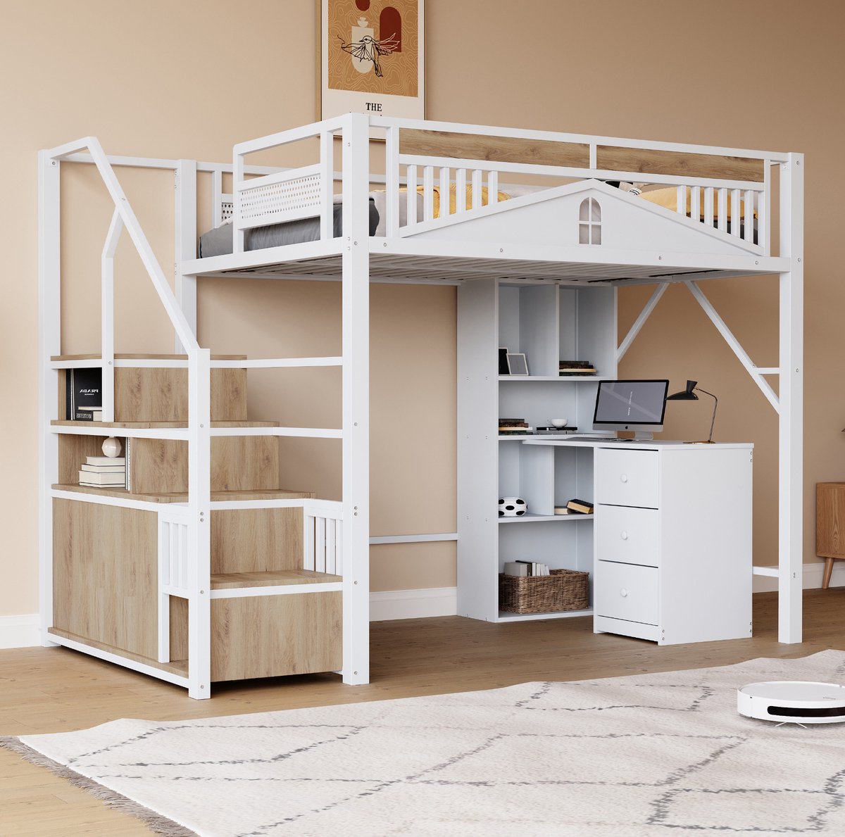 MEUNIQ Hoogslaper 140 x 200 cm met ladder en opbergruimte, metalen kinderbed met veiligheidshek en bureauruimte, wit White