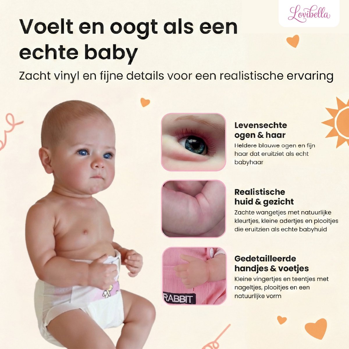 Lovibella® Lieve Levensechte Babypoppen - 1,1 Kilo - 45 CM - Reborn Baby Pop - met Accessoires - Reborn Baby - Reborn Baby Doll - Dementie Pop - Reborn Poppen Meisje - — afbeelding 3