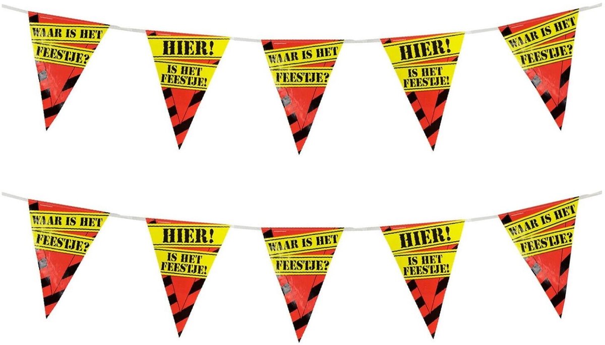 Vlaggenlijn Waar is het feestje - HIER is het feestje - 2x slingers - 8 meter - plastic - versiering