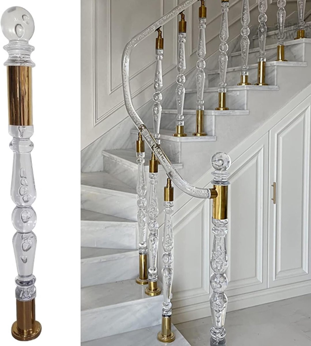 Transparante Paal - Kristal Baluster - Trap Afscheiding - Roestvrij Staal - 115 cm - Goud