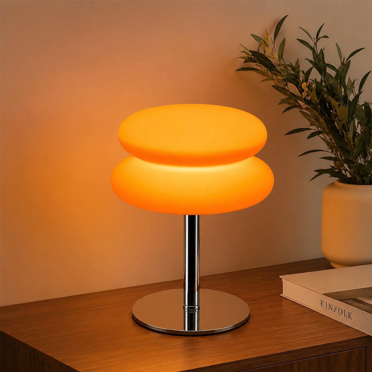 WoonWonder Oranje Tafellamp – Retro Paddenstoellamp van Glas – Scandinavische Sfeerlamp met USB – Vintage Lamp voor Slaapkamer, Woonkamer en Nachtkastje