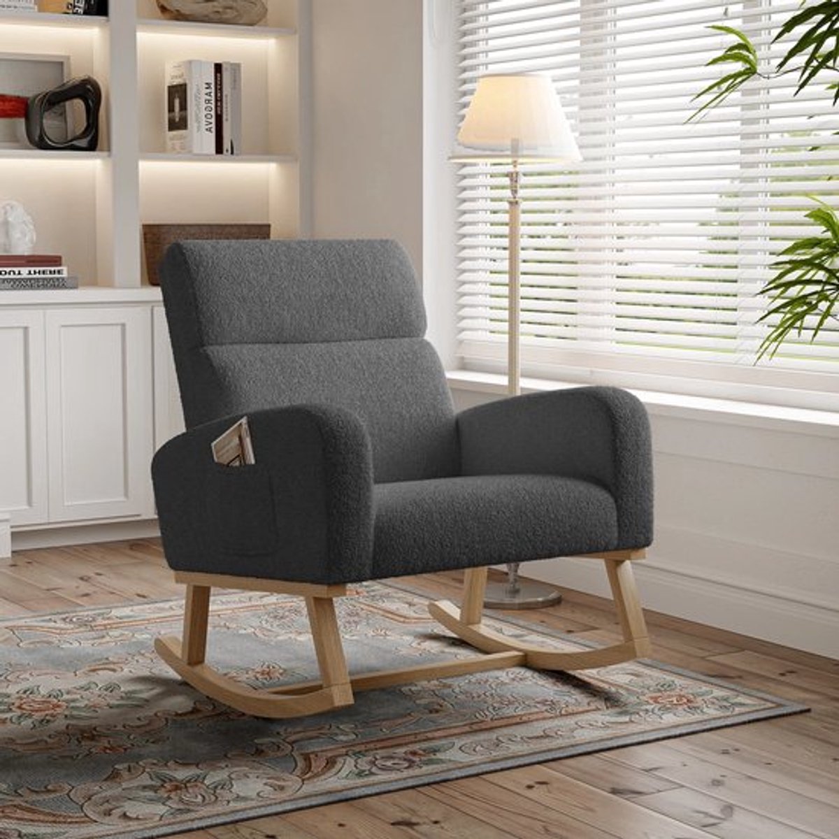 Schommelstoel – Schommelstoel Met Kussen – Relaxstoel – Lounge Stoel – Teddy Velvet Stoel Donkergrijs – Stevige Houten Poten – Comfortabel 5,5 Cm Dik Kussen