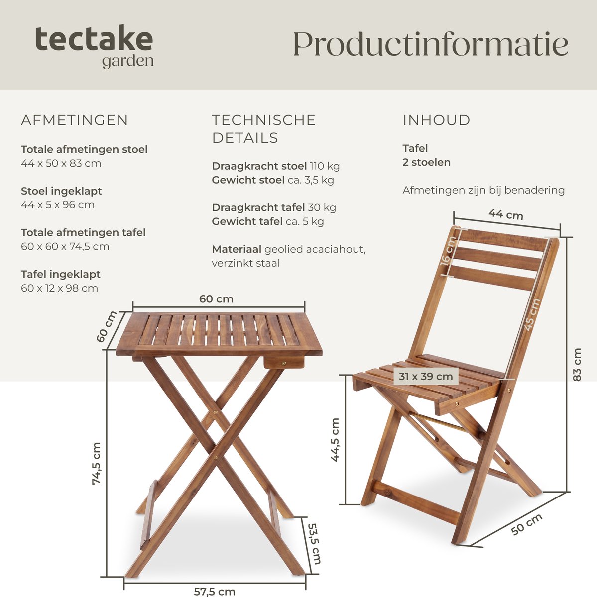 tectake® Houten Bistroset voor 2 Personen - 60 x 60 x 74,5 cm - Weerbestendig Acaciahout - Opvouwbaar - Inklapbaar - Tuinset met Bistrotafel en Bistrostoelen - Tuintafel - Tuinstoelen - Tafel en Stoelen set voor Balkon, Camping & Terras – foto 3