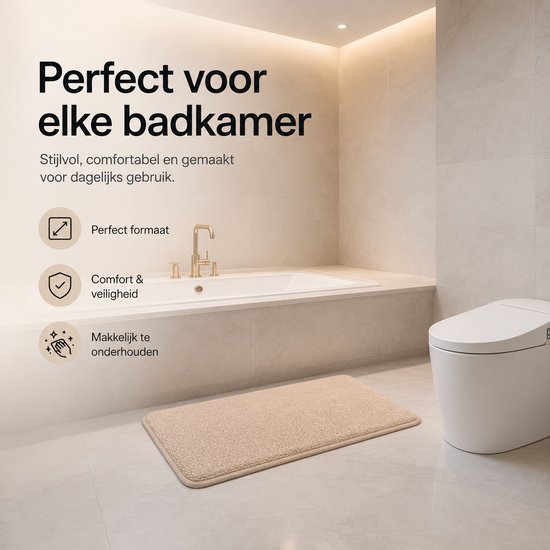 Beige badmat voor elke badkamer, comfortabel en makkelijk te onderhouden.