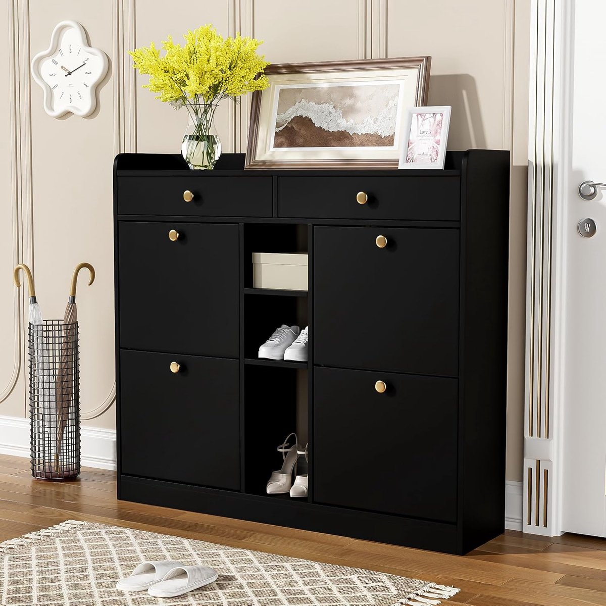 Schoenenkast - Opbergkast Hal - Schoenen Opbergen - Compact Ontwerp - 110 cm Breed - Zwart