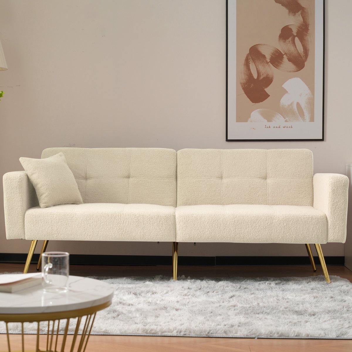 DESMIU Slaapbank 175 X 64 X 72 Cm - Verstelbare Rugleuning Met Bedfunctie En Zijvakken - Voor Woonkamer En Logeerkamer - Sherpa Beige