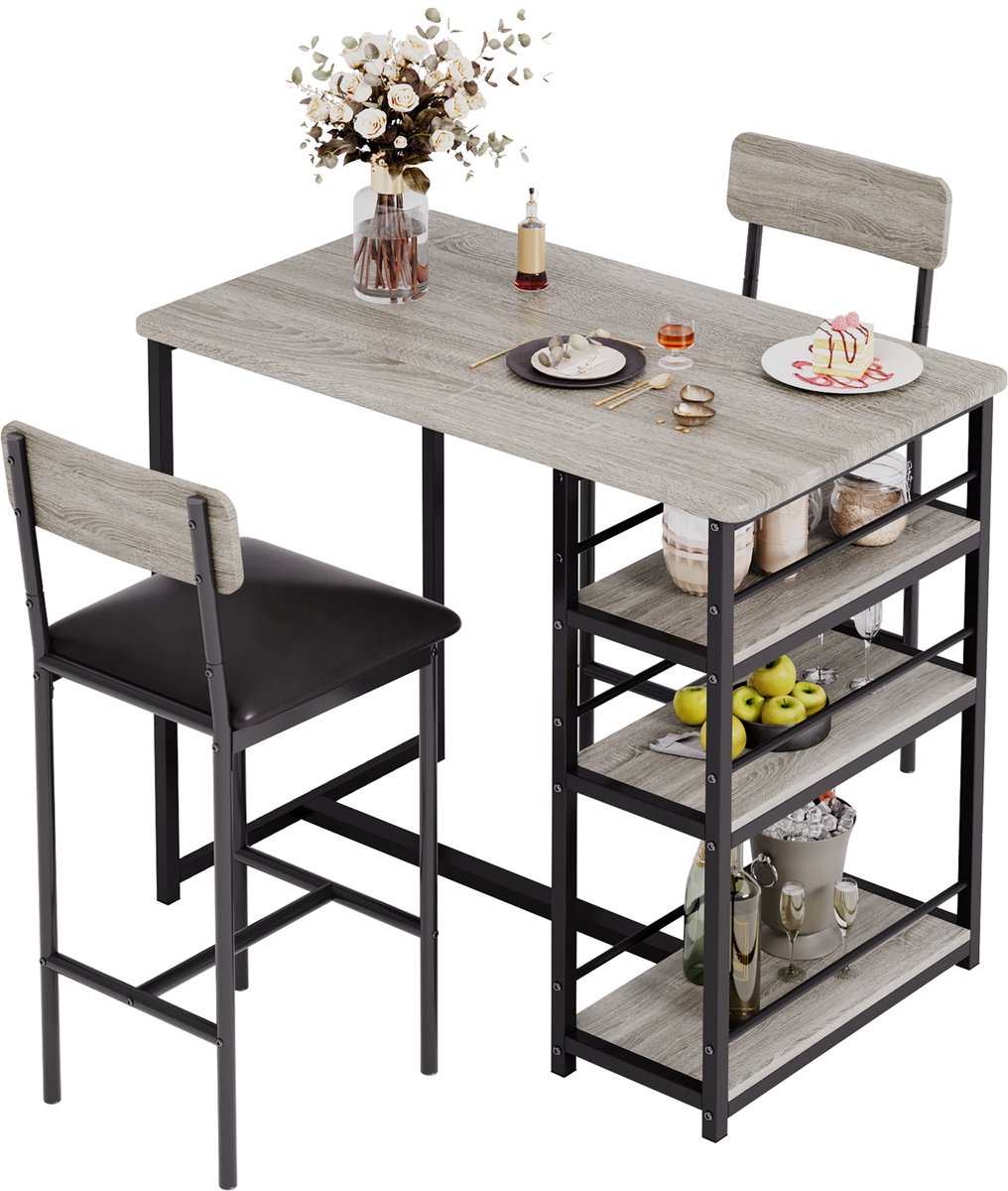 3-delig Eettafel Set - 91x50x91cm - Bartafel met Opbergrekken - 2 Beklede Stoelen met Rugleuning - Compact voor Restaurant Appartement of Bistro - Grijs
