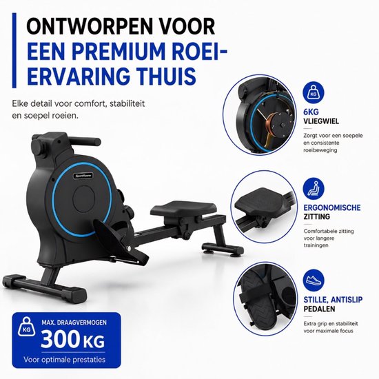 Zwarte roeitrainer met ergonomische zitting, anti-slip pedalen en een 6kg vliegwiel. Maximaal draagvermogen 300kg.
