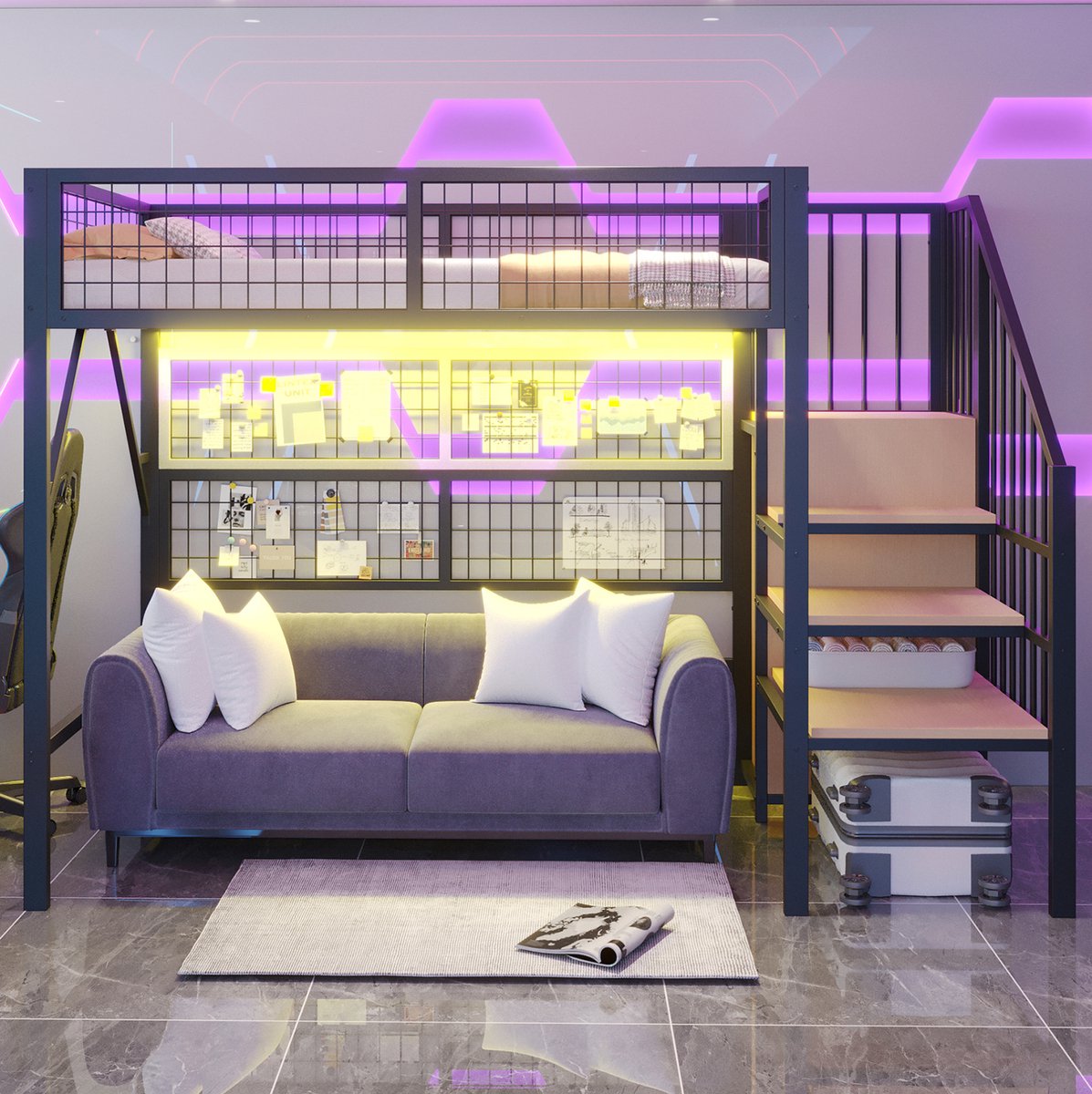 MEUNIQ Hoogslaper 90x200 met trap met opbergruimte, open kast en LED-verlichting, metalen bedframe met MDF, voor kinderkamer, zwart