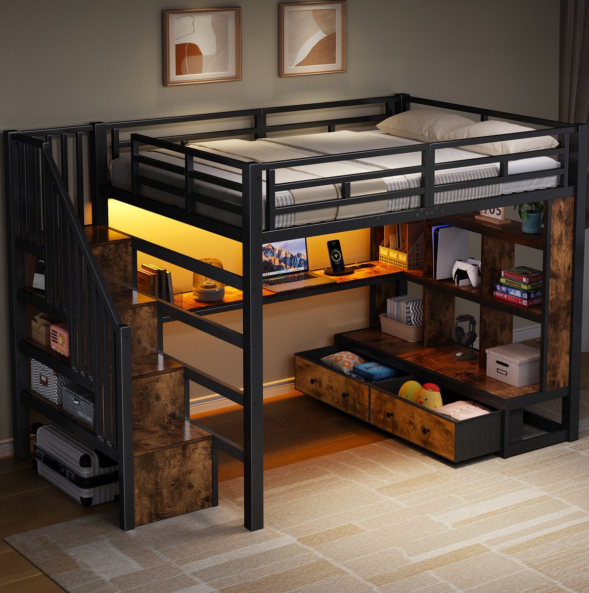 MEUNIQ Hoogslaper 140x200 cm met bureau, planken, 2 lades, trap met opbergruimte en LED-verlichting voor slaapkamer, zwart, MDF en metaal