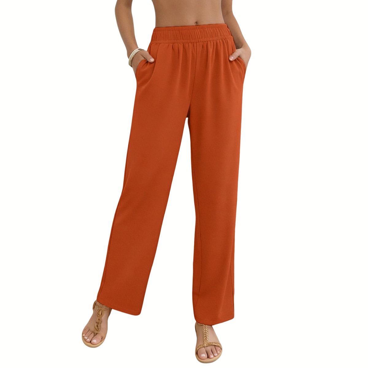 Currero Linnen Broek Dames Zomerbroek Volwassenen Lange Broek Pantalon Strandbroek Zomer Ibiza Stijl Oranjerood