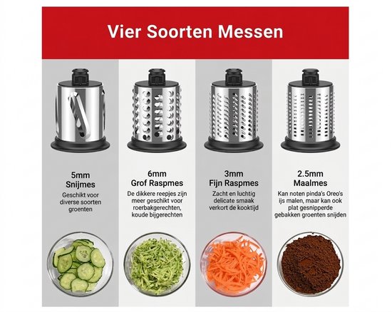 Roestvrij Stalen Groentesnijder Accessoire voor KitchenAid - Raspmolen Opzetstuk - Inclusief 3 Snijbladen - Vaatwasserbestendig - RVS Kaasrasp — afbeelding 4
