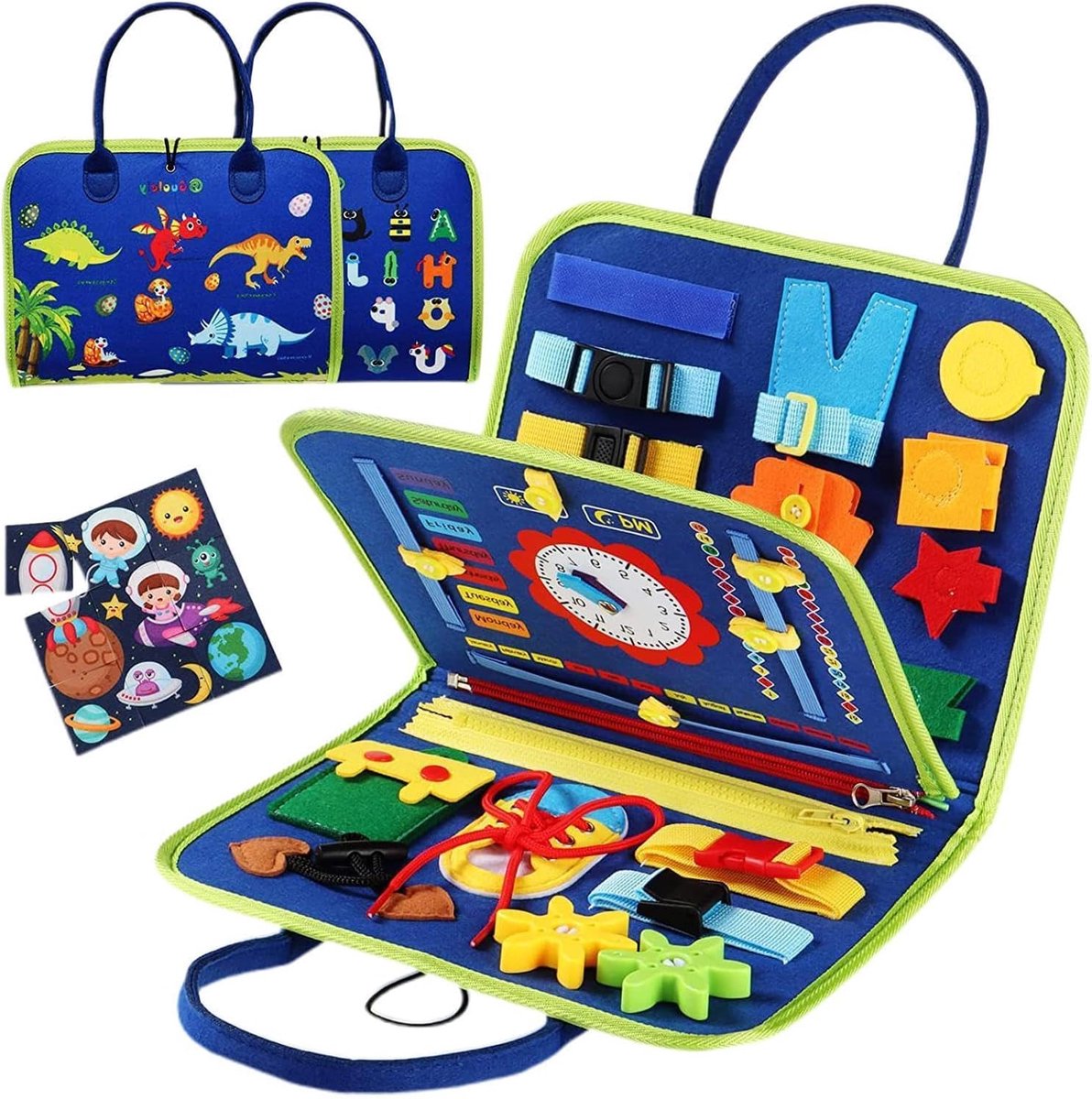 Leerborden van vilt - Vaardigheidsborden oefenbox - Levensvaardigheden leren - 6 boeiende activiteiten - 28 x 23 cm - Blauw