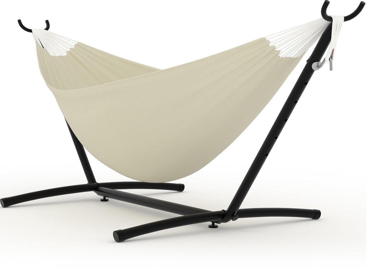 Hangmat met Stalen Standaard - Tuinhangmat - Draagbaar en Ruimtebesparend met Draagtas - Hoog Draagvermogen tot 200kg - Versterkte Balansbalken - Stevige Hangmat voor Binnen en Buiten - Beige