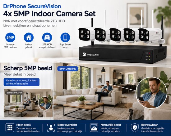 DrPhone SecureVision - NVR Camera Kit - 4 Camera Set - Bewegingsdetectie & Human Shape Detection - IP66 Waterdicht - 5MP - Tweeweg Communicatie - Verbinding tot 800 Meter - 2 TB HDD - Wit van DrPhone — afbeelding 2