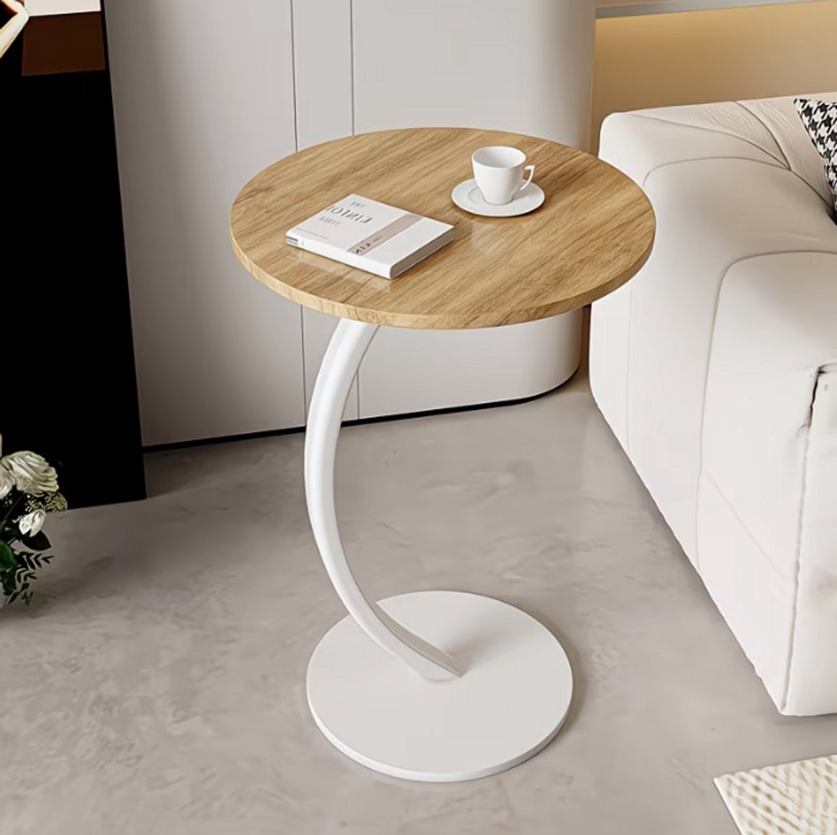 Ronde Bijzettafel op Wielen – Moderne Verrijdbare Sofatafel met Gouden Metalen Frame | Compacte Salontafel voor Woonkamer & Slaapkamer