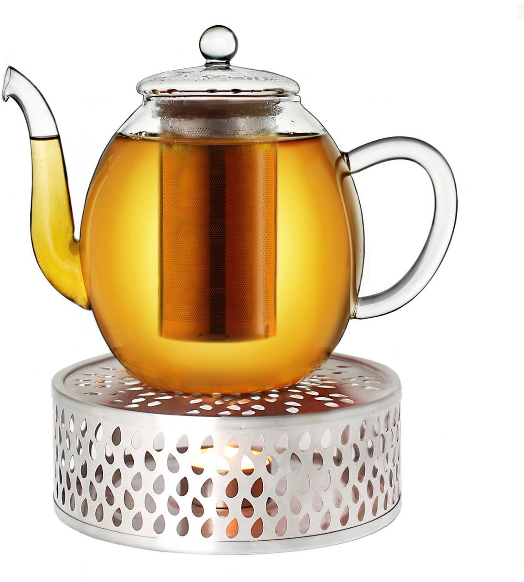 Creano glazen theepot 1,5l + een rvs theelicht, 3-delige glazen theepot met geïntegreerde roestvrijstalen zeef en glazen deksel, ideaal voor het bereiden van losse thee, druppelvrij