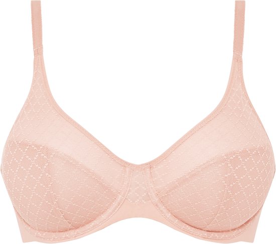 Soutien-gorge à armatures rose pâle à motif losanges et bretelles réglables.