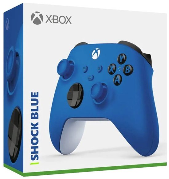 Xbox controller Shock Blue op de verpakking. De controller is helder blauw met witte en zwarte accenten.
