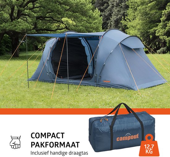 Campout 4-Persoons Vis-à-Vis Koepeltent - 2 Slaapcabines - 5000 mm Waterdicht - Leefruimte - 15 min Opzettijd - Incl. Luifelstokken, Haringen & Draagtas van Campout — afbeelding 3
