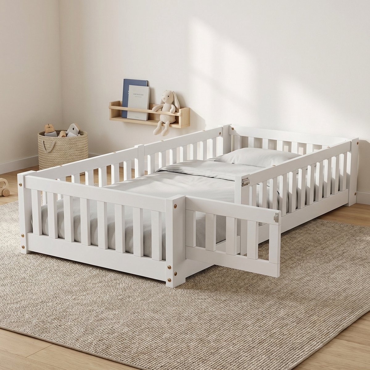 Mofor Montessori Kinderbed 90x190 cm - Vloerbed met Uitvalbeveiliging en Lattenbodem - Eenpersoonsbed - Hout - Wit