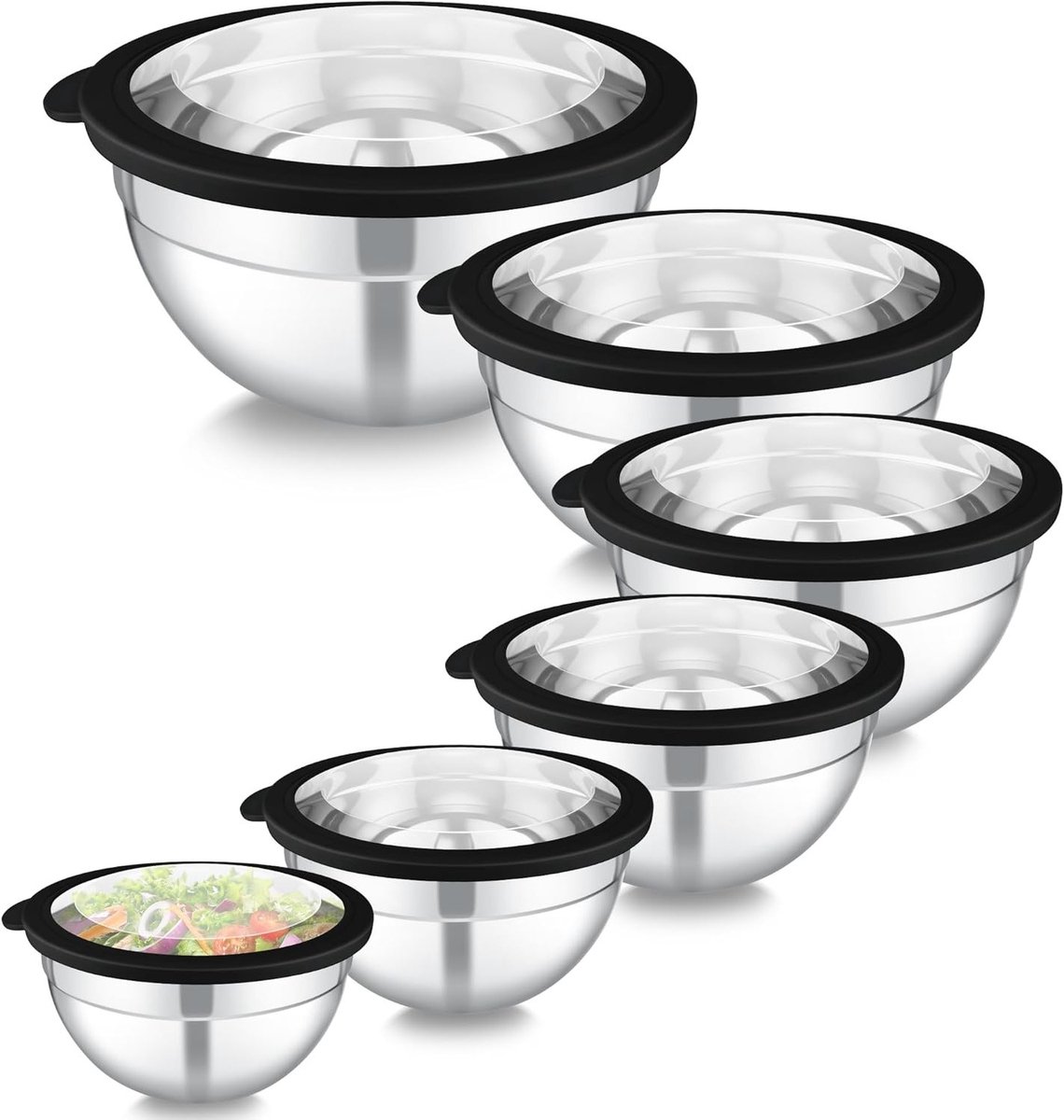 6-delige roestvrijstalen mengkom set met transparante deksels voor serveren, koken en bakken, stapelbaar en vaatwasmachinebestendig, 4.5L/2.8L/2.5L/1.6L/1.2L/0.7L, ideaal voor salades en desserts