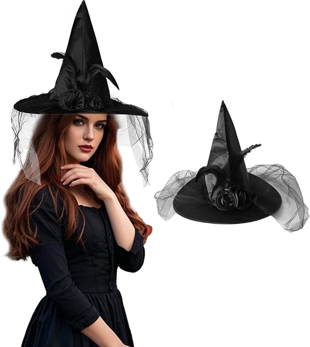 Toverheks Kostuum Accessoires voor Vrouwen, Hoed met Vaal en Veren, Perfect voor Feestjes, Cosplay en Carnaval, Magische Hoed met Netontwerp en Unieke Stijl