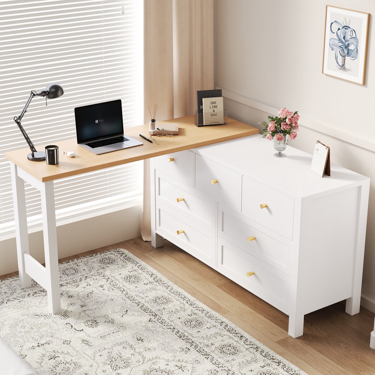 FloraGrace Bureau - Draaibaar Tafelblad Met 7 Lades - Hoekbureau En Opbergoplossing Voor Woonkamer Of Kantoor - Spaanplaat - 120x40x70 Cm - Wit Naturel