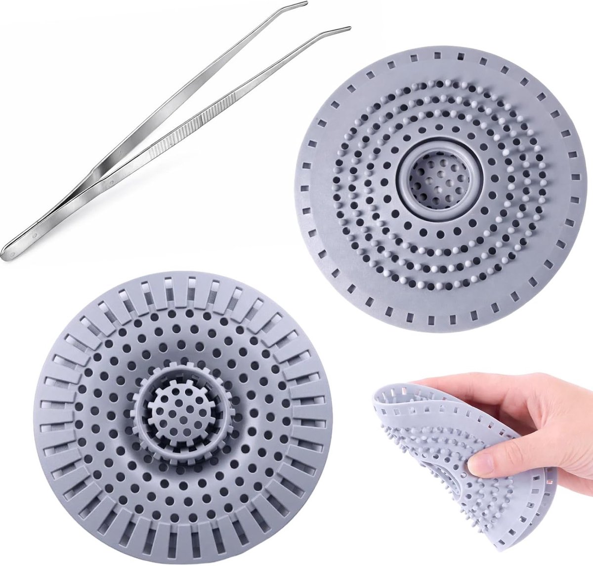 Set van 2 flexibele afvoerzeefjes met zuignap voor douche en keuken, haarfilter en geurremmer, eenvoudig te reinigen en antislip design