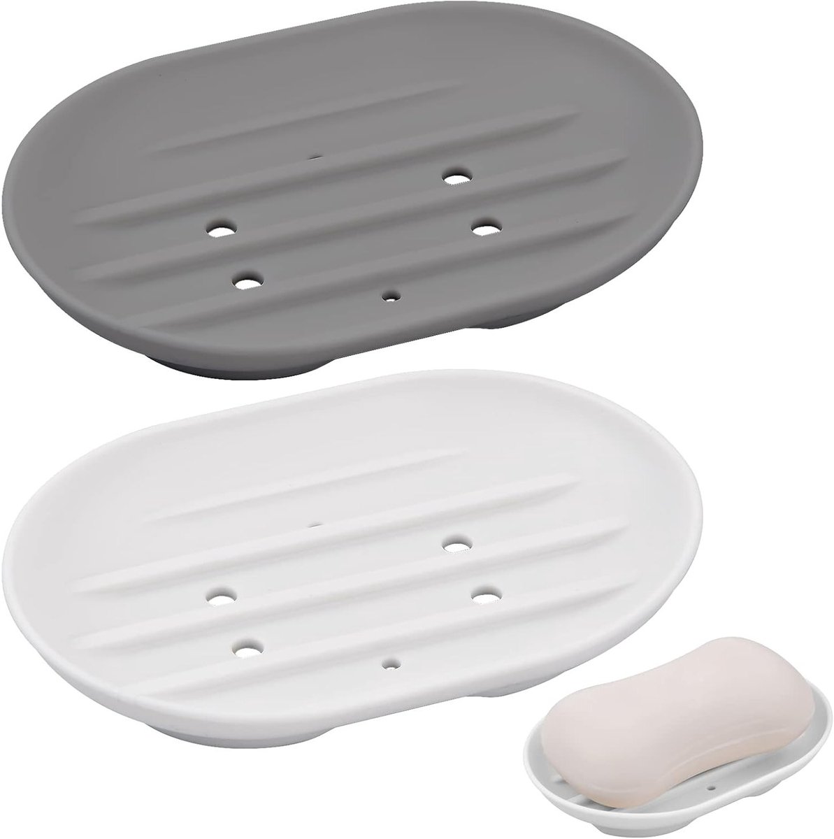 Set van 2 Ovale Siliconen Zeepbakjes met Afvoer, Antislip Zeepdispenser voor Douche en Keuken, Ideaal voor Droge en Schone Zeep (11.5 x 8cm)