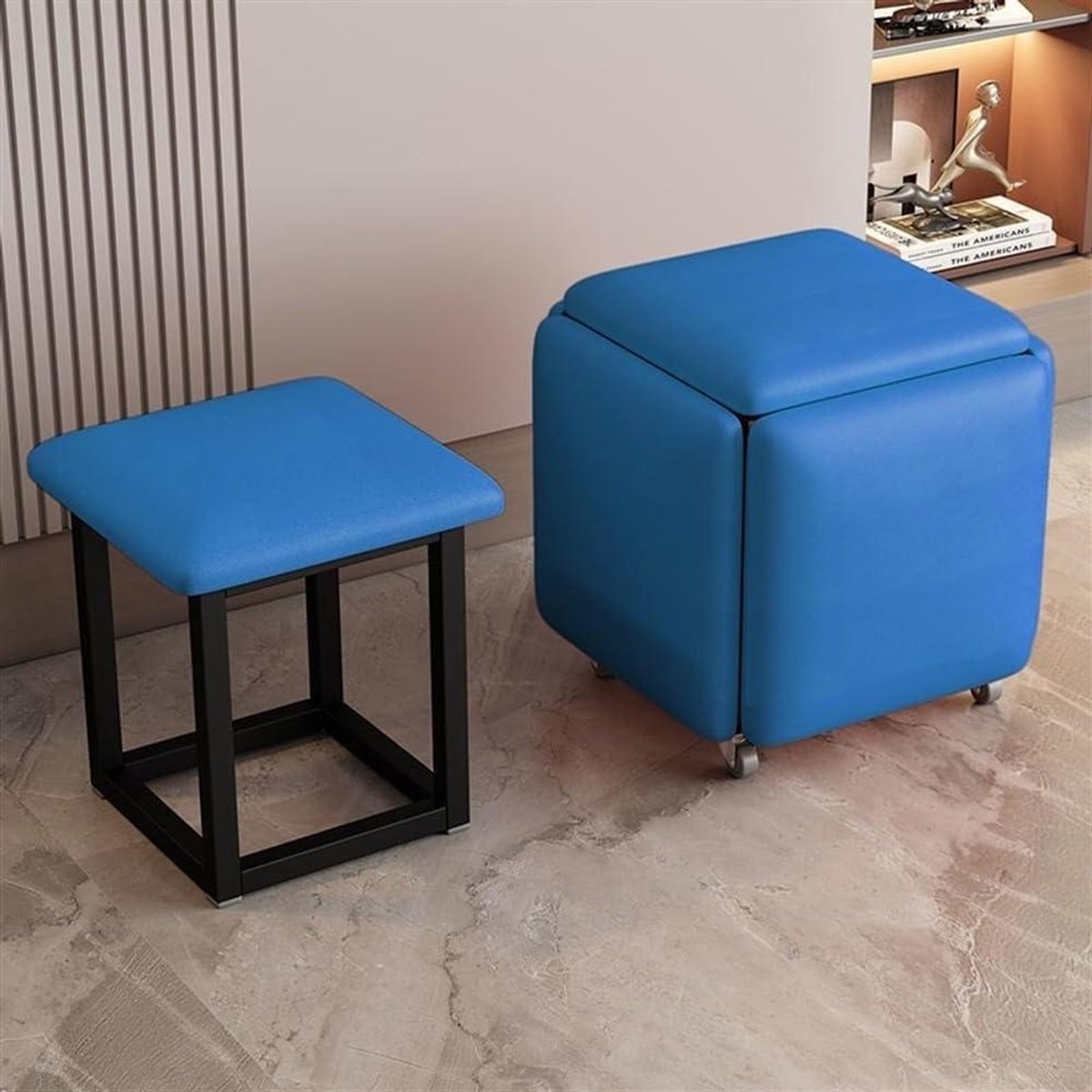 Voetenbank Kubus - Zitkubus Ottomaan - Multifunctioneel Gebruik - 5-in-1 Functionaliteit - 35x35x38 cm - Blauw