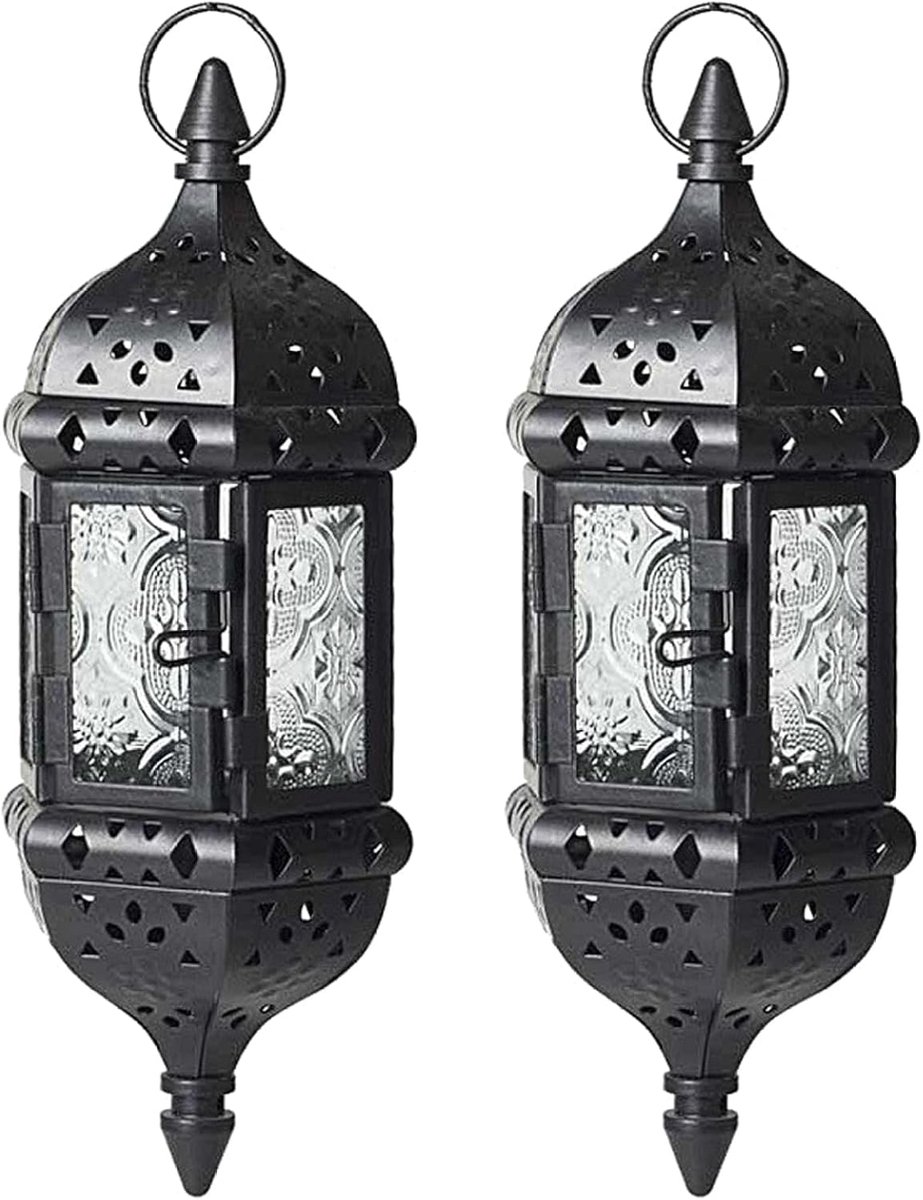 Kaarslantaarn Set - Marokkaanse Decoratie - Sfeerverlichting Binnen - Hol Metaalwerk - 245 x 195 cm - Zwart