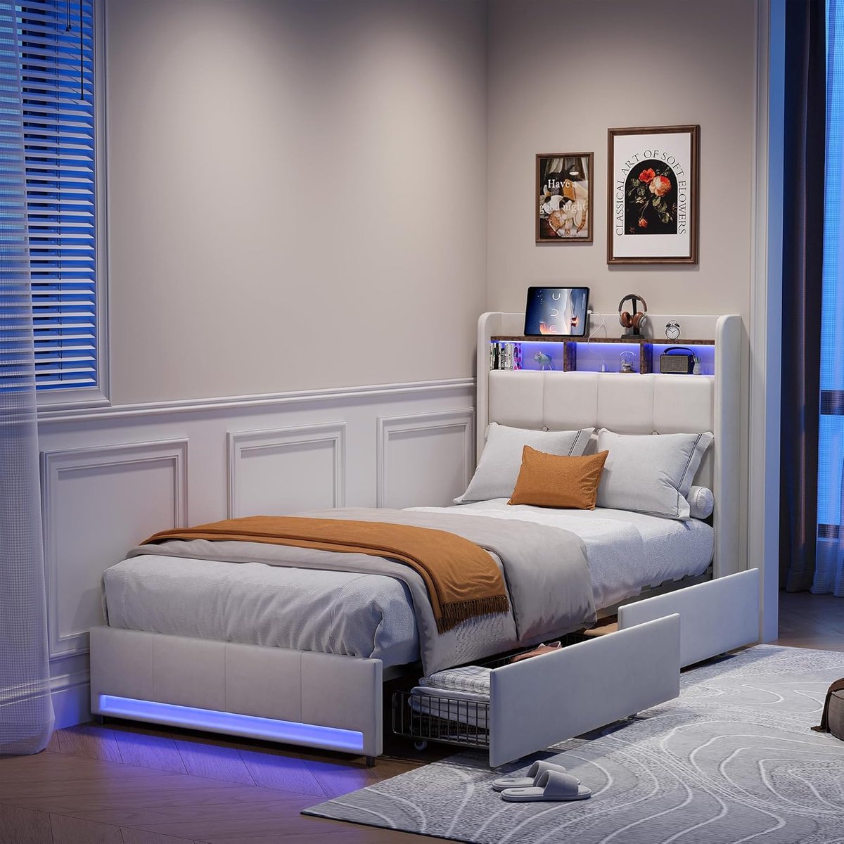 Gestoffeerd Bed - Tienerbed Lade - Opbergen Slaapkamer - Met Opbergruimte - 90x200 cm - Beige