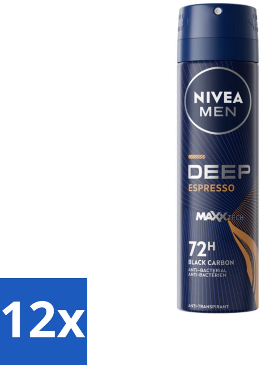 12 x NIVEA MEN - Deodorant Spray - Deep Espresso - 150 ml - Anti-transpirant Spray - Zweetbehandeling - Huidbescherming - Espresso Geur - Mannelijke Geur