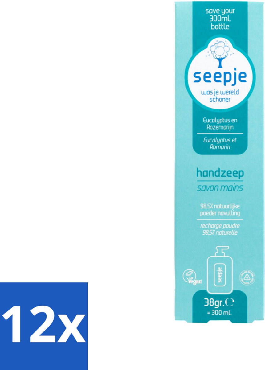 12 x Seepje - Handzeep - Natuurlijke Geur & Verzorging - Eucalyptus en Rozemarijn - Navulverpakking - 34 g - Handzeep - Navulverpakking - Eucalyptus - Rozemarijn - Natuurlijke Ingrediënten
