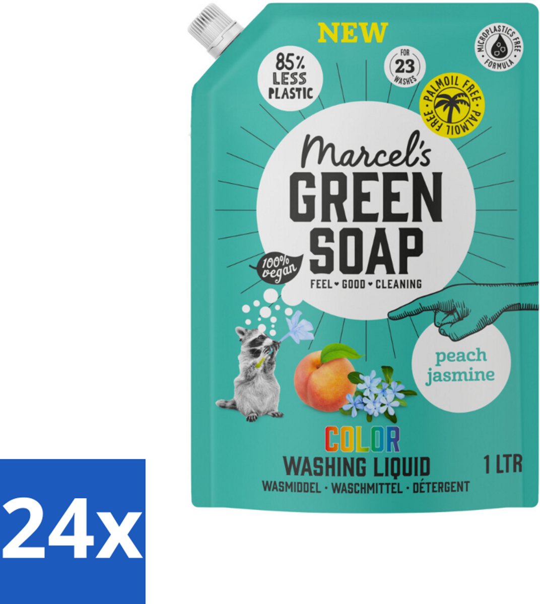 24 x Marcel's Green Soap - Vloeibaar Wasmiddel - Kleur - Navulling - Perzik & Jasmijn - Effectief & natuurlijk - 23 Wasbeurten - 1 liter - Wasmiddel - Kleurwasmiddel - Wasmiddel Navul - Ecologisch Wasmiddel - Biologisch Wasmiddel