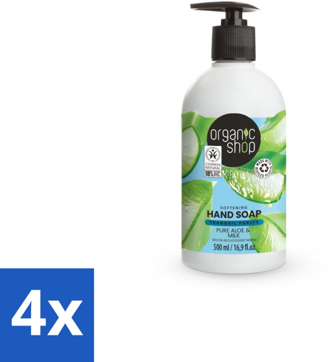 4 x Organic Shop - Handzeep Aloe & Milk - Verzachtend en Hydraterend - 500 ml - Biologische Handzeep - Aloë Vera Handzeep - Hydraterende Handzeep - Verzachtende Handzeep - Melkproteïnen Handzeep