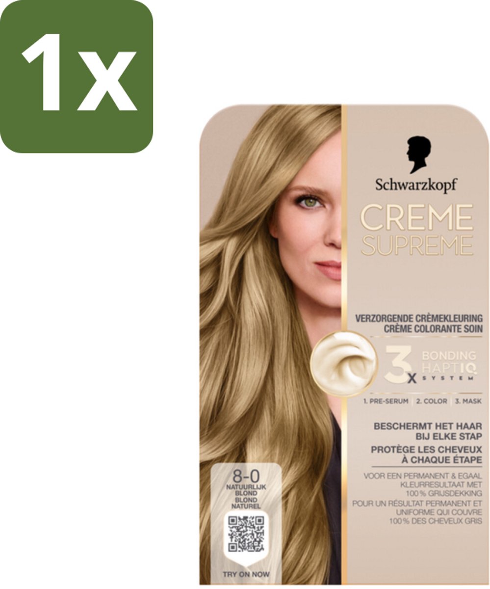 1 x Schwarzkopf - Haarkleuring - Creme Supreme 8-0 - Natuurlijk Blond - 245g - Natuurlijk Blond - Permanent Haarverf - Haarverf Creme Supreme - Haarverf 8-0 - Haarverf 100% Grijsdekking