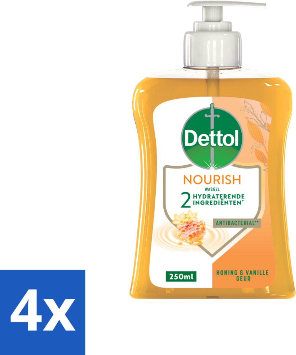 4 x Dettol - Handzeep - Nourish - Honing & Vanille - 250 ml - Antibacteriële Handzeep - Handzeep Met Honing - Handzeep Met Vanille - Verzorgende Handzeep - Manuka Honing