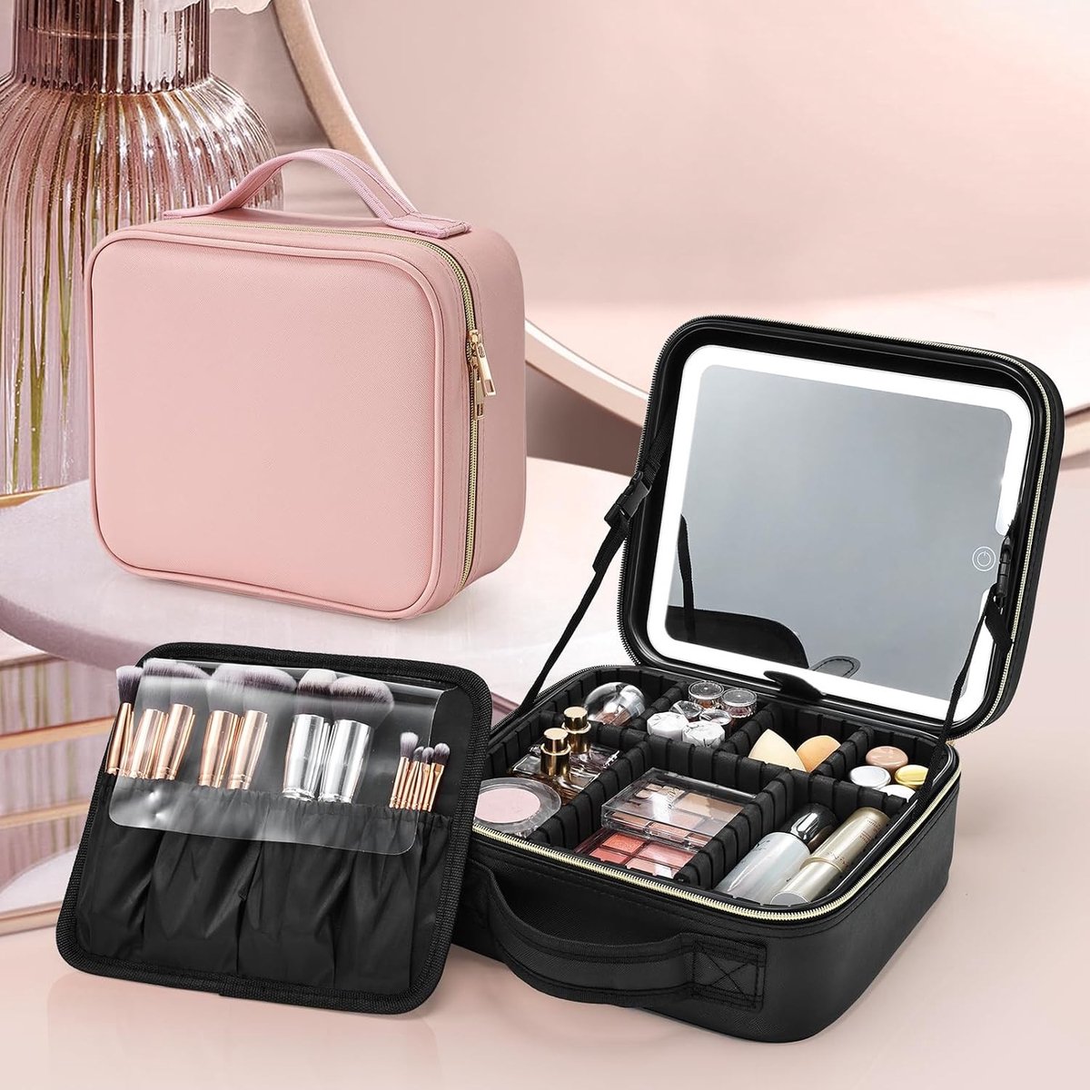 Make-upkoffer met grote led-spiegel - Roze - Draagbare Reistas met Verstelbare Helderheid - Voor Make-up en Cosmetica