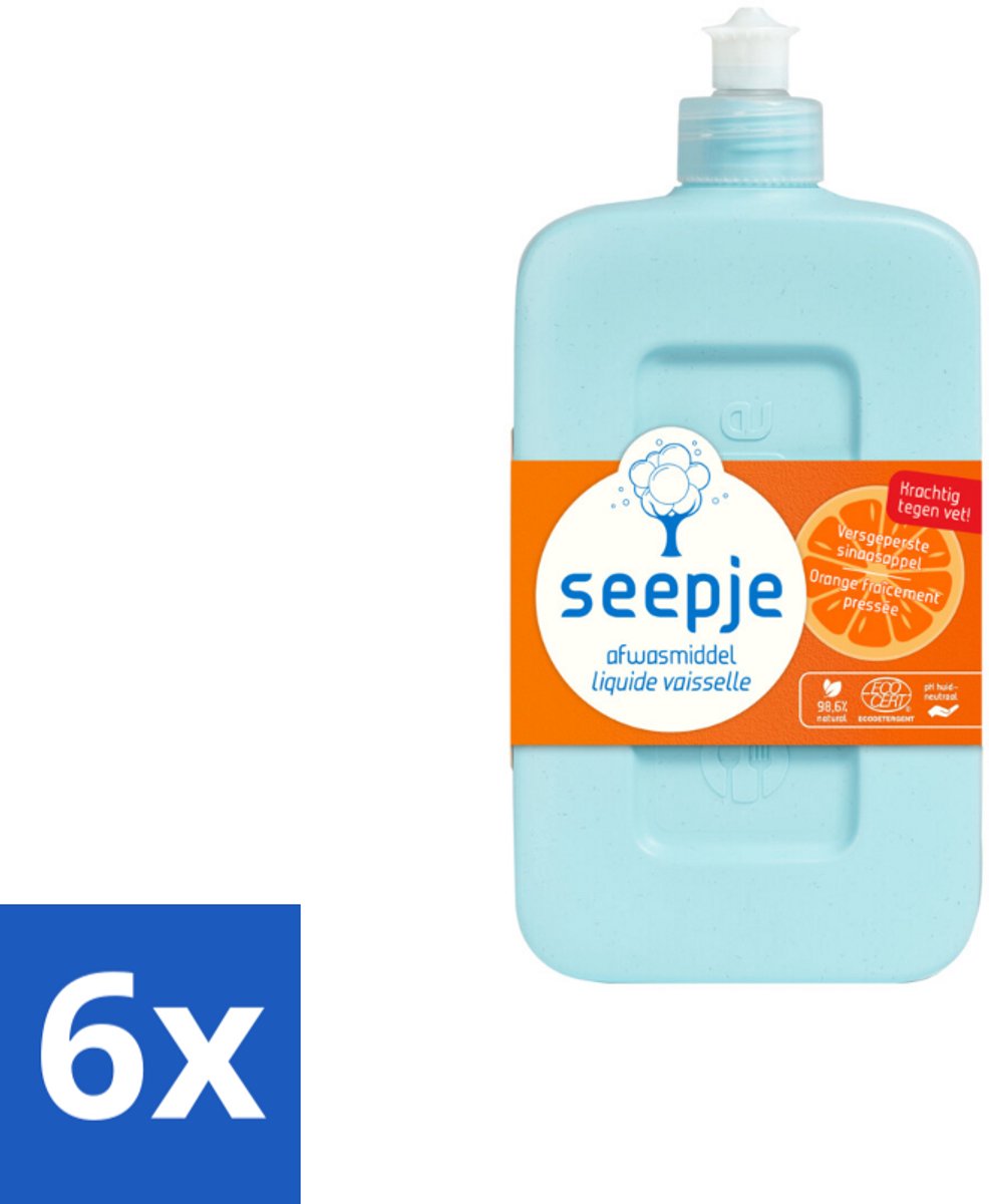 6 x Seepje - Afwasmiddel - Krachtige Reiniging - Versgeperste Sinaasappel Geur - 500 ml - Afwasmiddel - Sinaasappelgeur - Biologisch Afwasmiddel - Milieuvriendelijk - Duurzaam Afwasmiddel