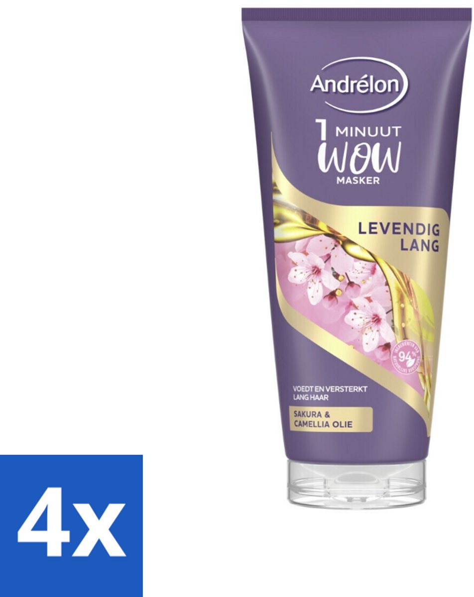 4 x Andrélon - WOW - Masker - Levendig Lang - 180 ml - Haar Masker - Lang Haar - Haarverzorging - Sakura Olie - Camellia Olie