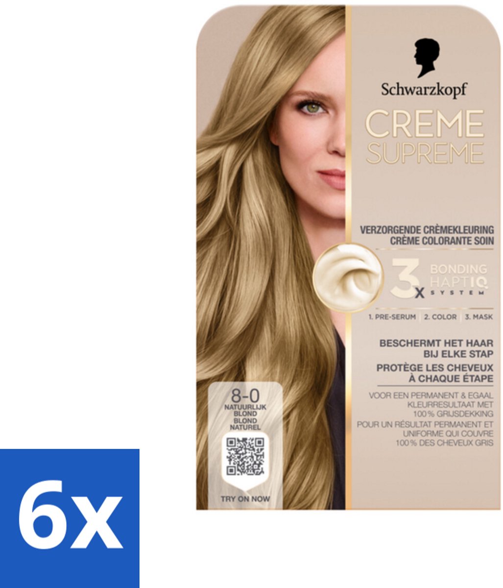 6 x Schwarzkopf - Haarkleuring - Creme Supreme 8-0 - Natuurlijk Blond - 245g - Permanente Haarkleuring - Blond Haar - Grijsdekking - Haarkleur - Verzorging Haarkleuring